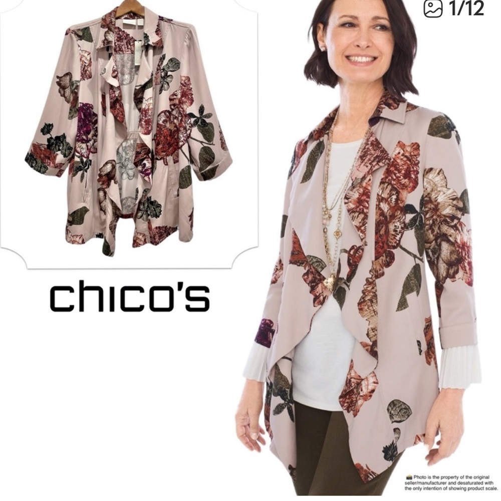 Chico's dusty Pink floral open from draped Jacket size 2